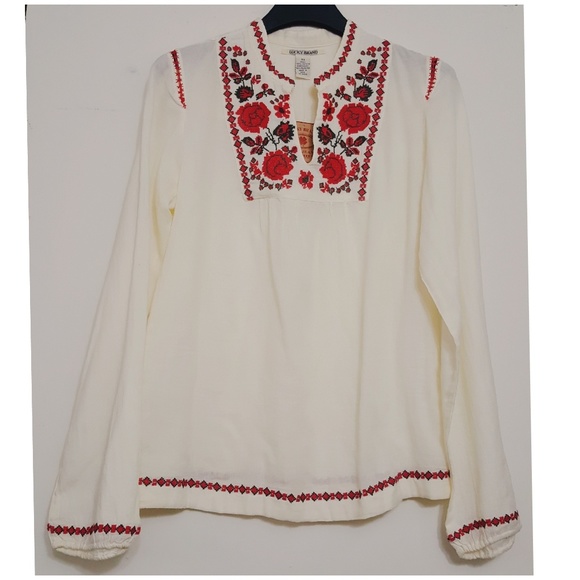 LUCKY BRAND Cross Stitch Floral Embroidered LS Top - Picture 2 of 4